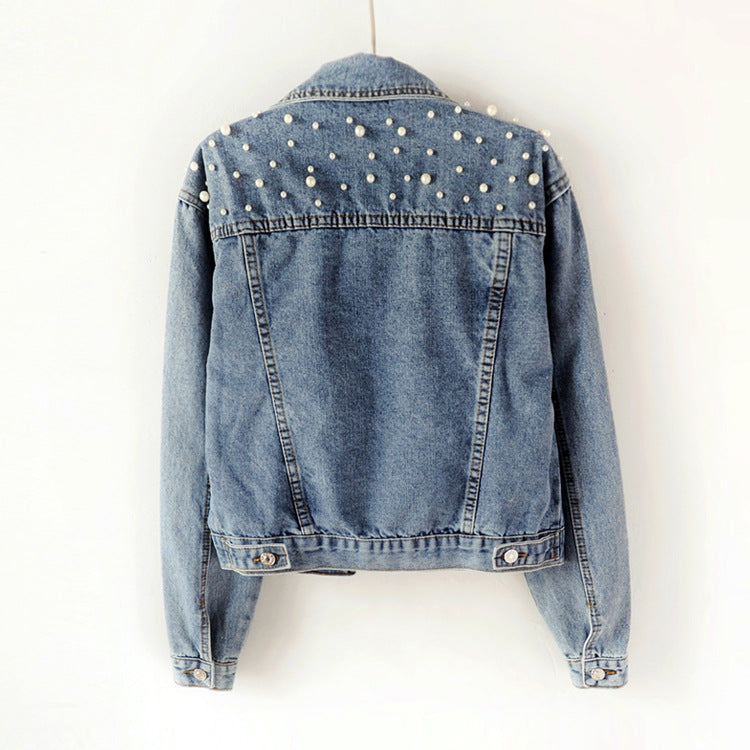 Denim Jacket Women's Girl Plus Size Women's Beaded Diamond Coat Women's Student Light Blue Jacket Loose