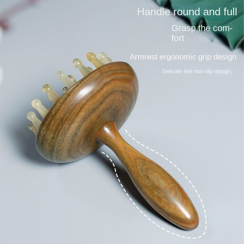 Green Sandalwood Long-Handled Massage Comb With Horn Teeth, Ring Comb, Scalp Massage, Head And Abdomen Meridian Brush, Scraping Massage Tool