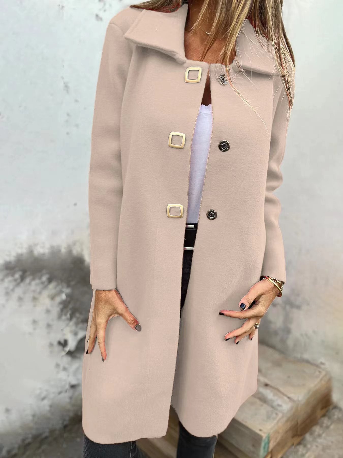Women's Solid-color Mid-length Wool Coat With A Single-breasted Design
