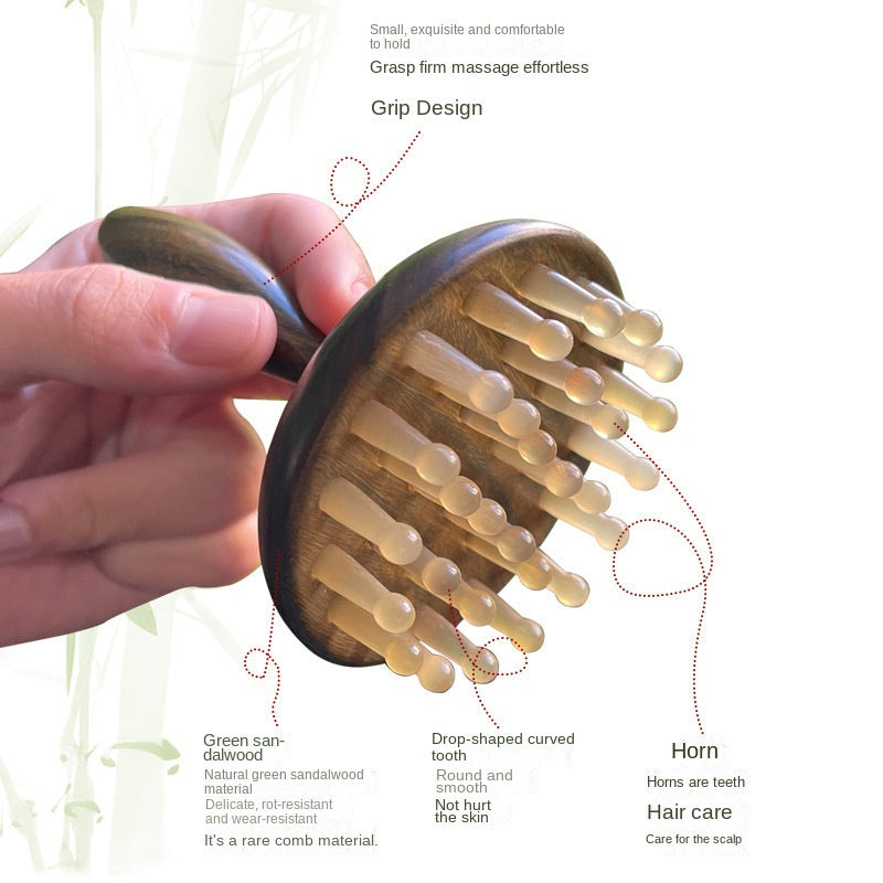 Green Sandalwood Long-Handled Massage Comb With Horn Teeth, Ring Comb, Scalp Massage, Head And Abdomen Meridian Brush, Scraping Massage Tool
