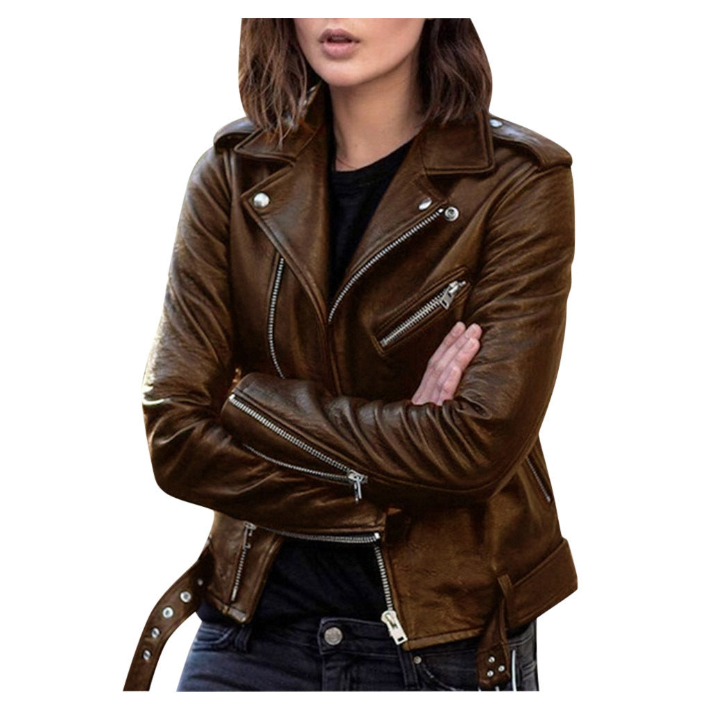 Cross-border Spring And Autumn Plus Size Women's Short Women's Leather Jacket European And American PU Motorcycle Wear Slim Winter Clothes Wallet Overcome