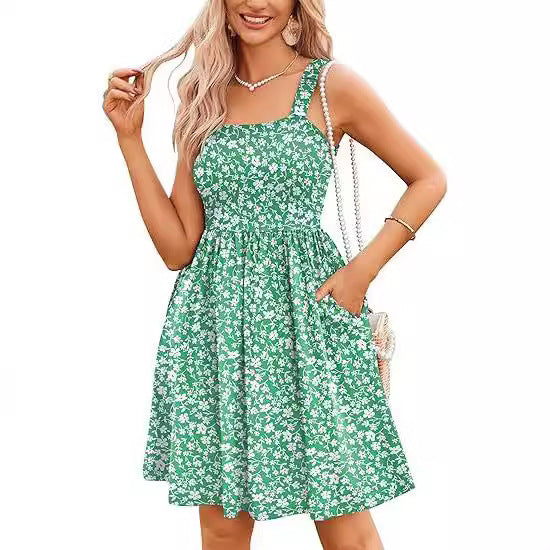 Women's Summer Casual Square Collar Dress With Pocket Cute Sleeveless High Waist A- Line Vest