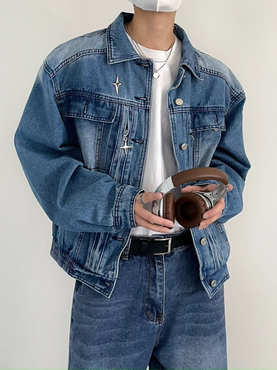 Niche Metal Shoulder Pad Denim Jacket Men's Loose Spring And Autumn Washed Distressed Retro Short Jacket Handsome Trendy Brand