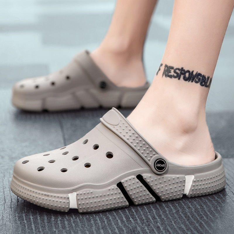Summer Hole Shoes Men's Trend Non-slip Soft Bottom Hollow Baotou Sandals Outside Wear Thick Bottom Beach Men's Slippers