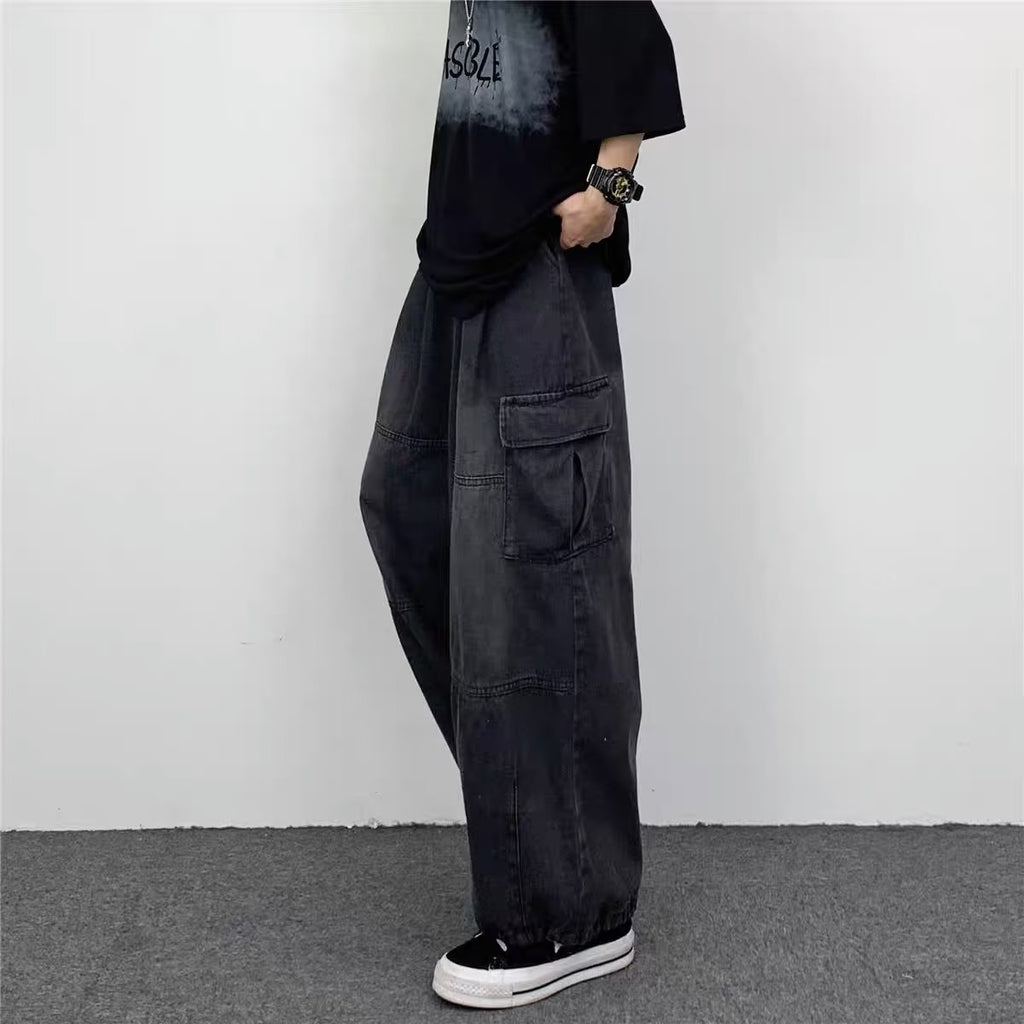 Japanese Style Retro Wide Leg Large Pocket Overalls Men's Spring And Summer New Fashionable Brand Ins Neutral Loose Straight Jeans