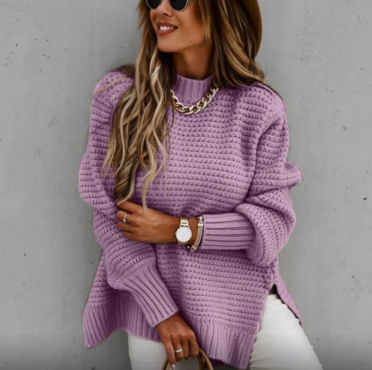 Half-high Collar Loose Solid Color Long-sleeved Thick Needle Side Slit Knitted Sweater Women