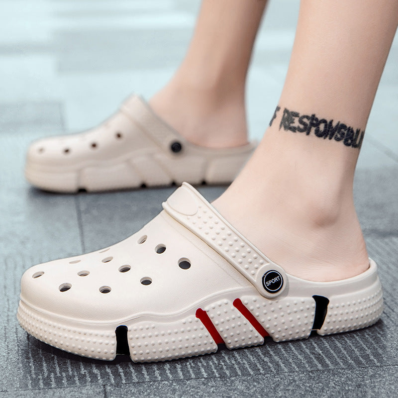 Summer Hole Shoes Men's Trend Non-slip Soft Bottom Hollow Baotou Sandals Outside Wear Thick Bottom Beach Men's Slippers