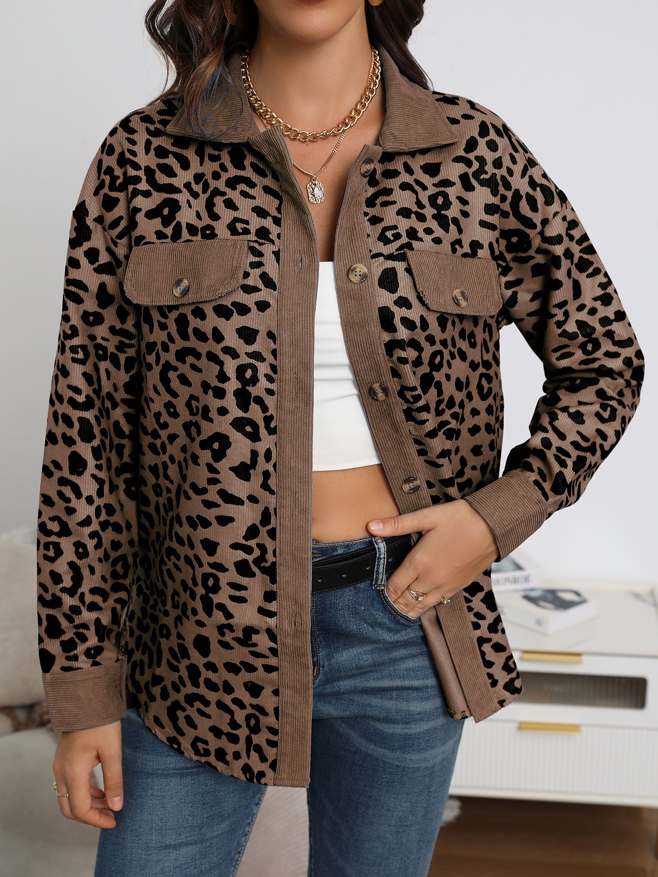 Women's Clothing Autumn And Winter Fashion Leopard Print Button Long-sleeved Jacket Jacket Women