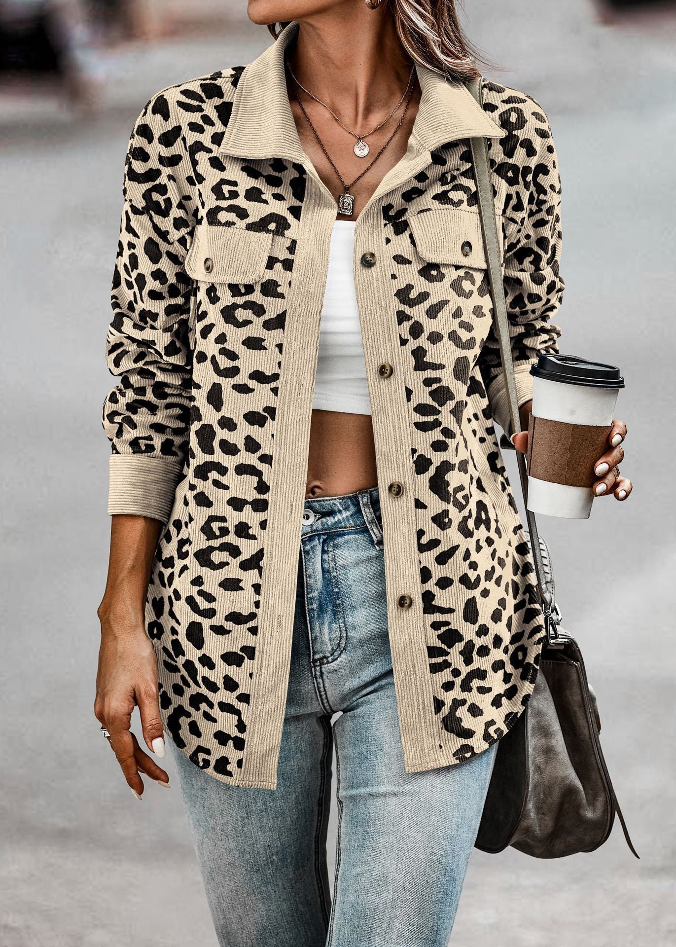 Women's Clothing Autumn And Winter Fashion Leopard Print Button Long-sleeved Jacket Jacket Women
