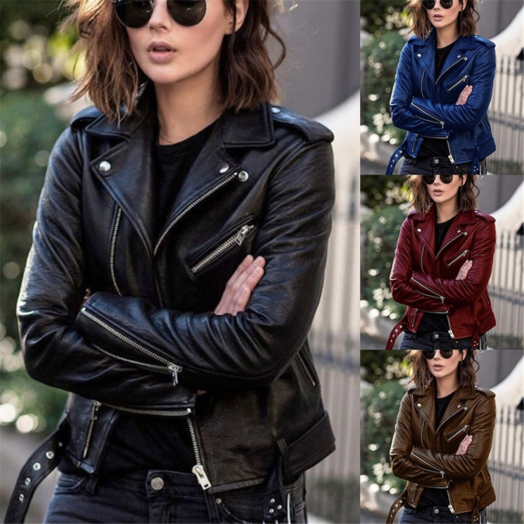 Cross-border Spring And Autumn Plus Size Women's Short Women's Leather Jacket European And American PU Motorcycle Wear Slim Winter Clothes Wallet Overcome