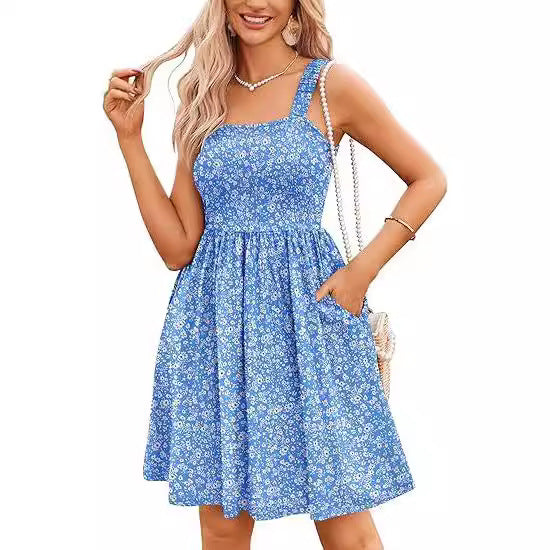 Women's Summer Casual Square Collar Dress With Pocket Cute Sleeveless High Waist A- Line Vest