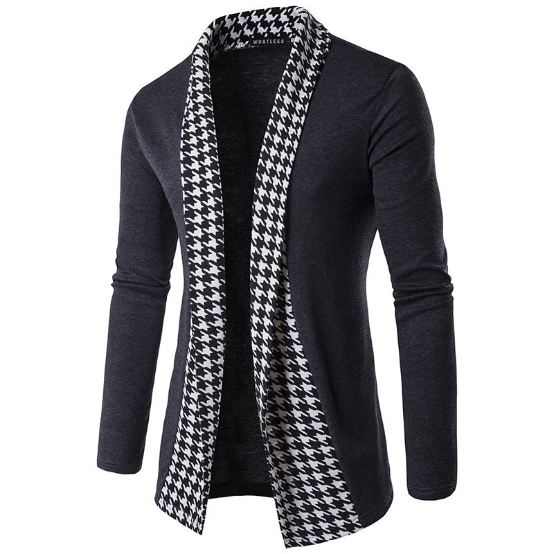Amazon Foreign Trade Autumn And Winter New Men's European Size Fashion Houndstooth Placket Contrast Color Korean Cardigan Sweater For Men