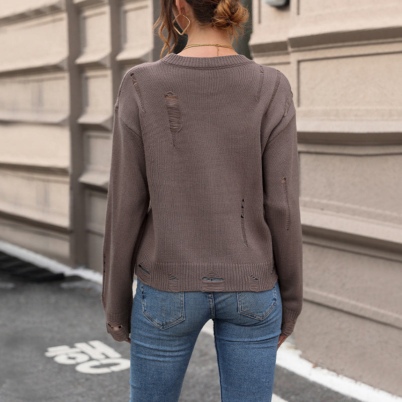 Autumn New Fashion Women's European And American Solid Color Hollow Sweater