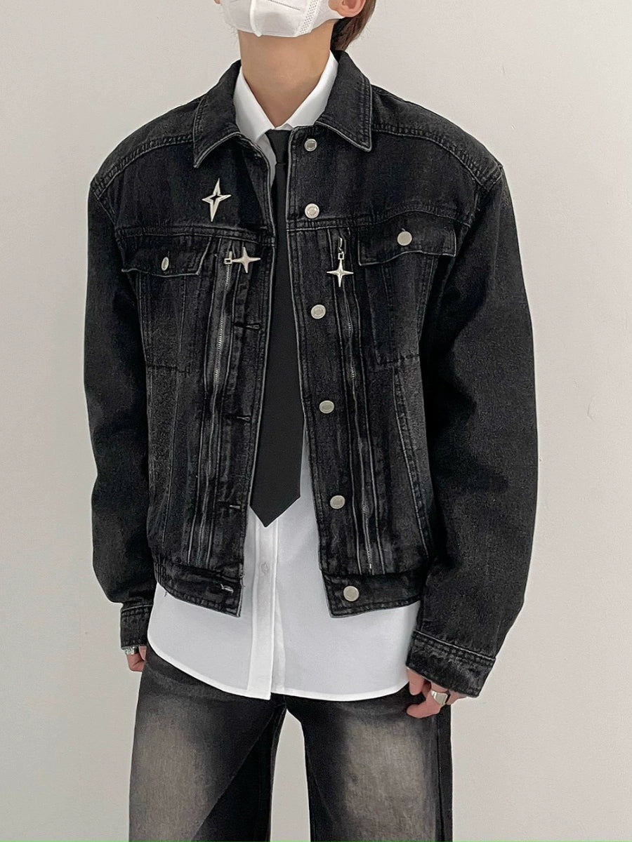 Niche Metal Shoulder Pad Denim Jacket Men's Loose Spring And Autumn Washed Distressed Retro Short Jacket Handsome Trendy Brand
