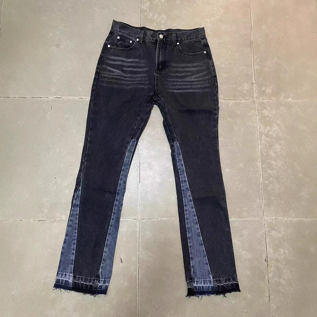 Men's Washed Vibe Style Loose Splicing Micro-Flared Trouser Leg Jeans Jeans