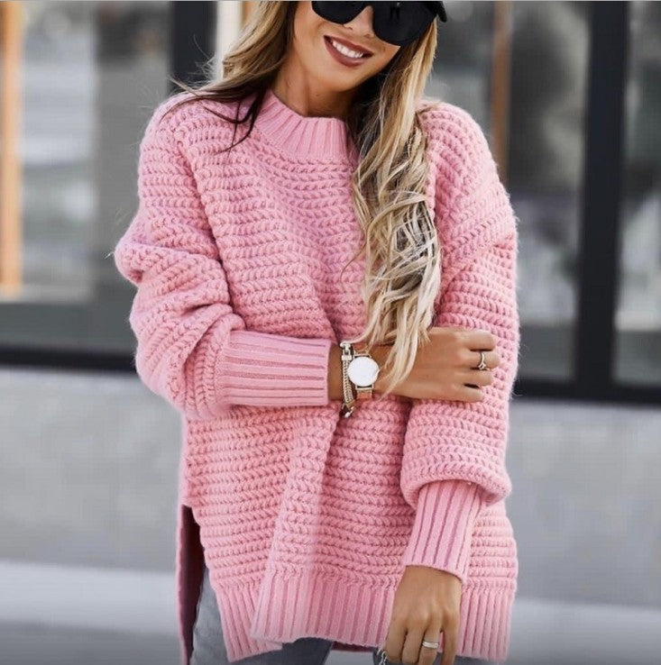 Half-high Collar Loose Solid Color Long-sleeved Thick Needle Side Slit Knitted Sweater Women