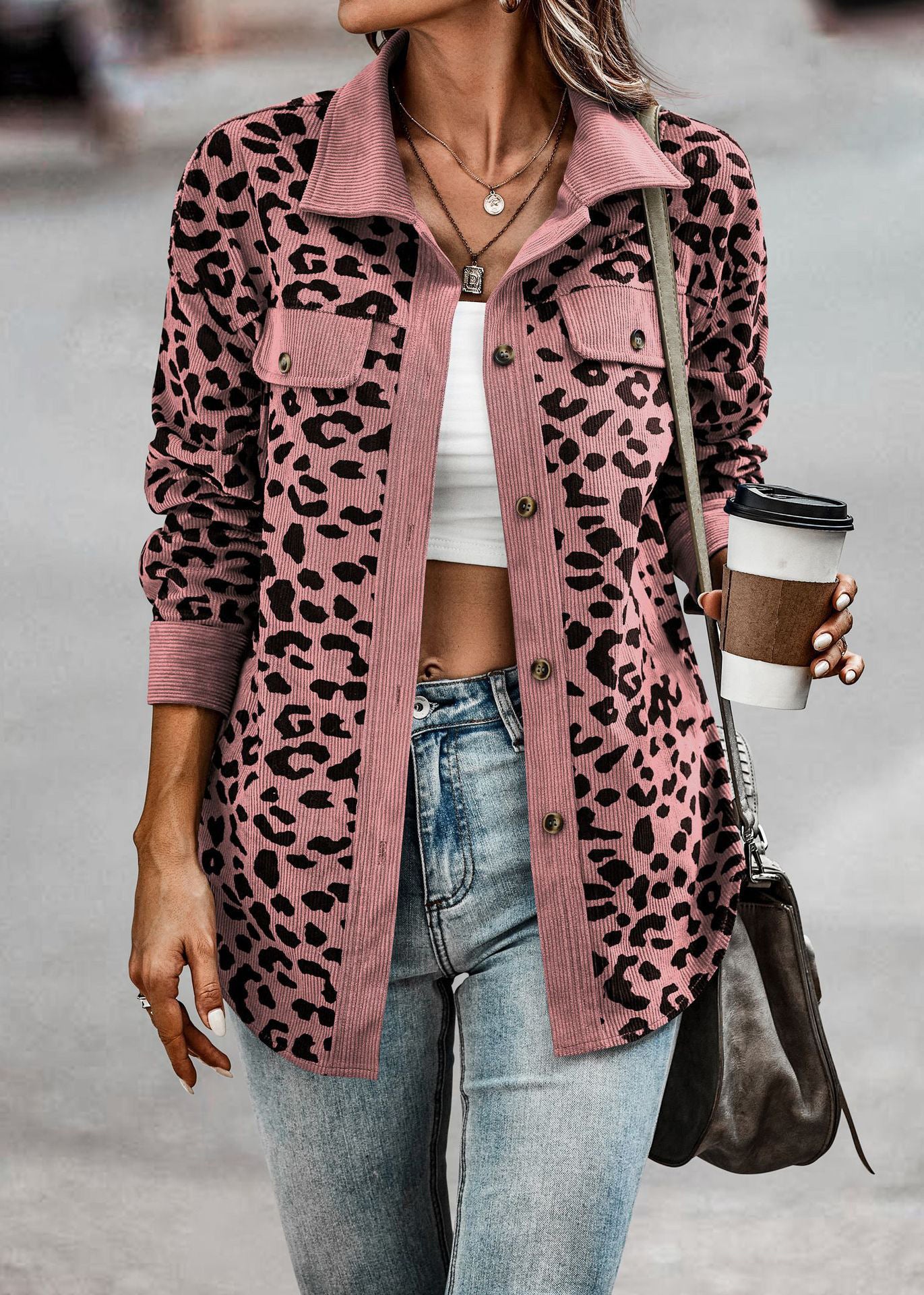 Women's Clothing Autumn And Winter Fashion Leopard Print Button Long-sleeved Jacket Jacket Women