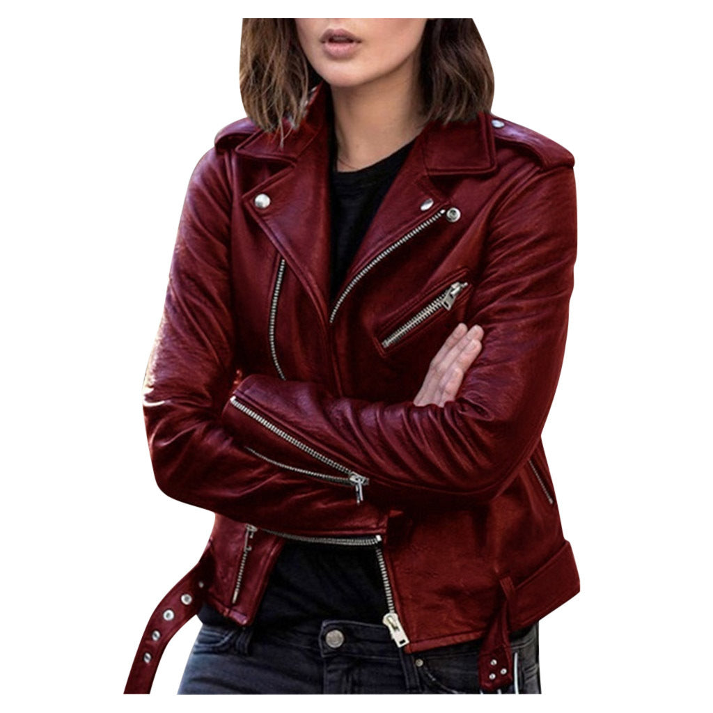 Cross-border Spring And Autumn Plus Size Women's Short Women's Leather Jacket European And American PU Motorcycle Wear Slim Winter Clothes Wallet Overcome
