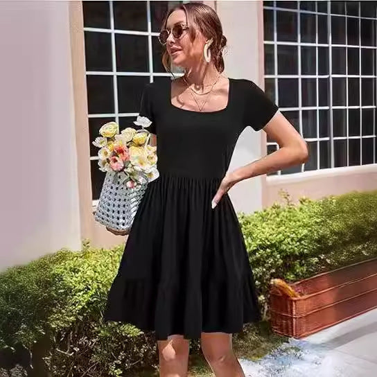 Women's Summer Dresses Short Sleeve Square Neck Dress Casual Beach Vacation A-Line Pleated Tank Top