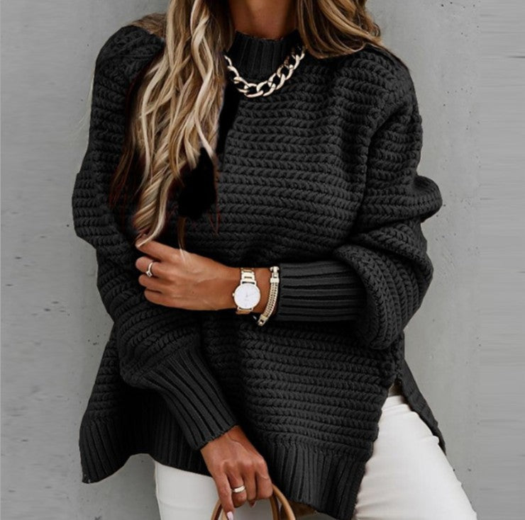 Half-high Collar Loose Solid Color Long-sleeved Thick Needle Side Slit Knitted Sweater Women