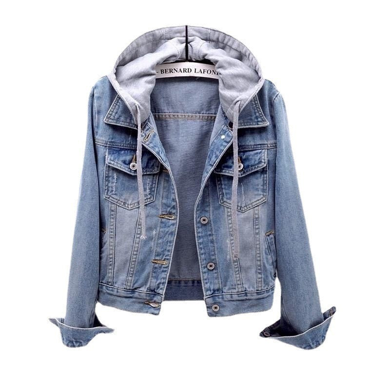 Denim Short Coat Women's Short New Long-sleeved Slim-fit Hooded Jacket All-match Student Top