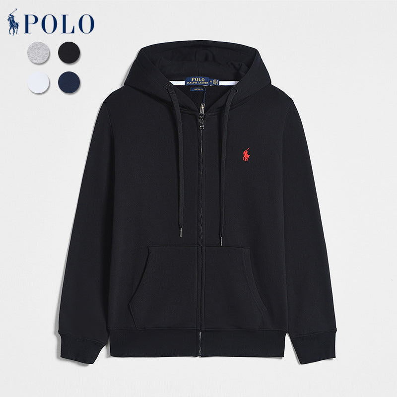 Spring And Autumn Paul Long-sleeved Sweatshirt Men's Casual Pure Cotton Pure Color Embroidered Pony Logo Zipper Pullover Cardigan Sweatshirt