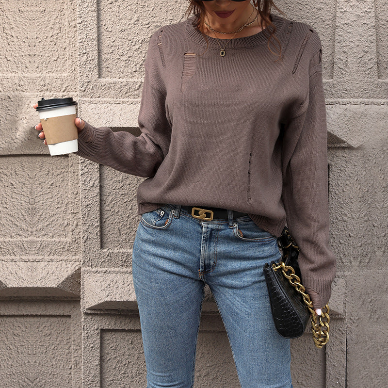 Autumn New Fashion Women's European And American Solid Color Hollow Sweater