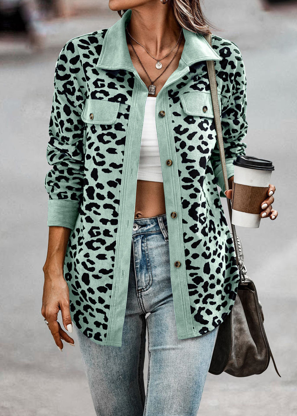 Women's Clothing Autumn And Winter Fashion Leopard Print Button Long-sleeved Jacket Jacket Women