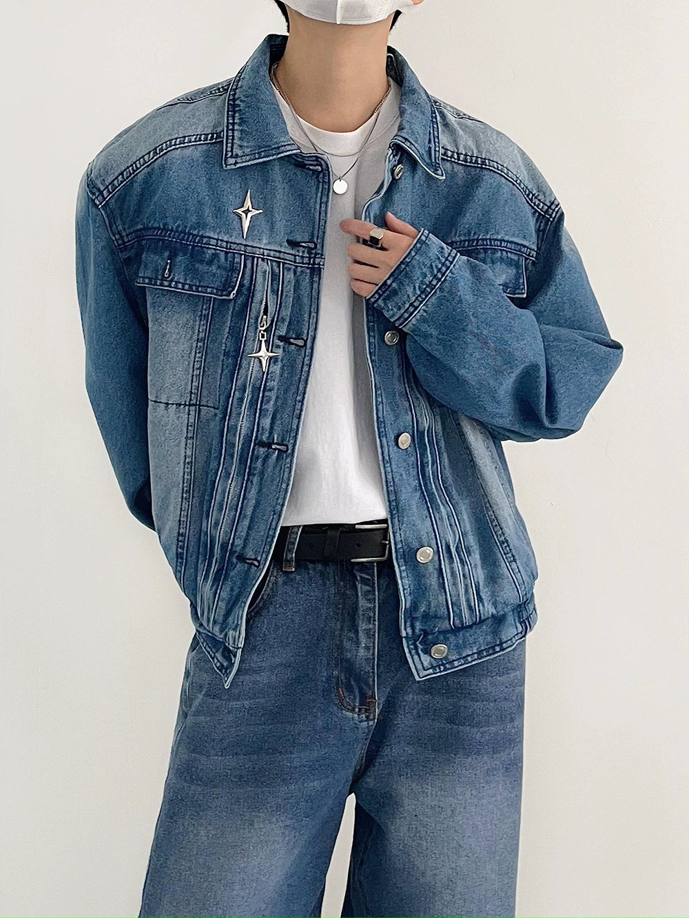 Niche Metal Shoulder Pad Denim Jacket Men's Loose Spring And Autumn Washed Distressed Retro Short Jacket Handsome Trendy Brand