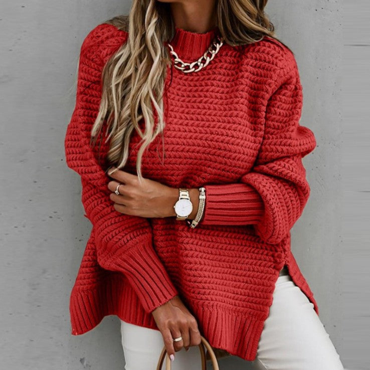 Half-high Collar Loose Solid Color Long-sleeved Thick Needle Side Slit Knitted Sweater Women