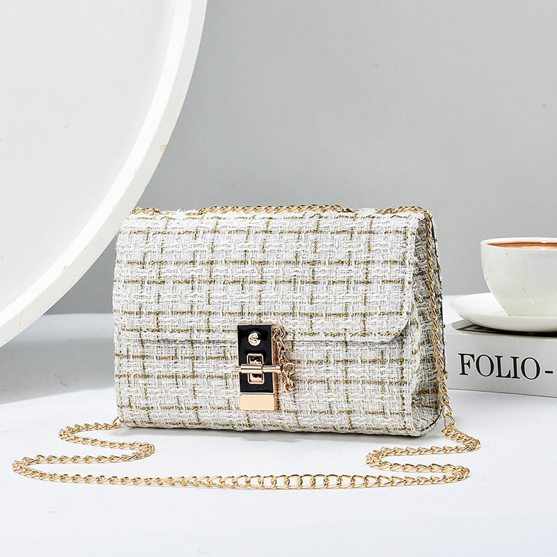 Woolen Twist Lock Shoulder Bag Versatile Women's Bag Gold Silk Contrast Color