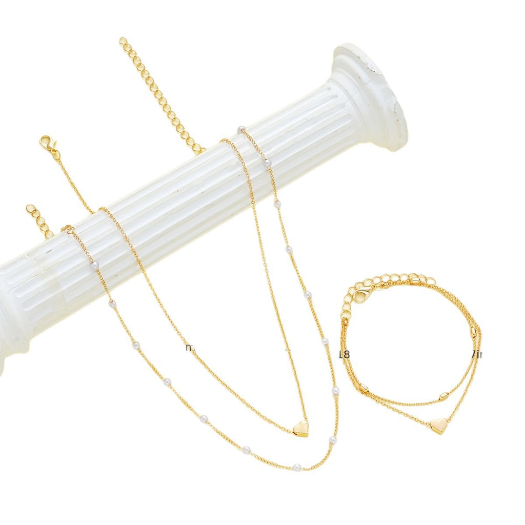 Double-layer Stacked Bag Round Beads Love Pearl Bracelet Necklace Jewelry Set